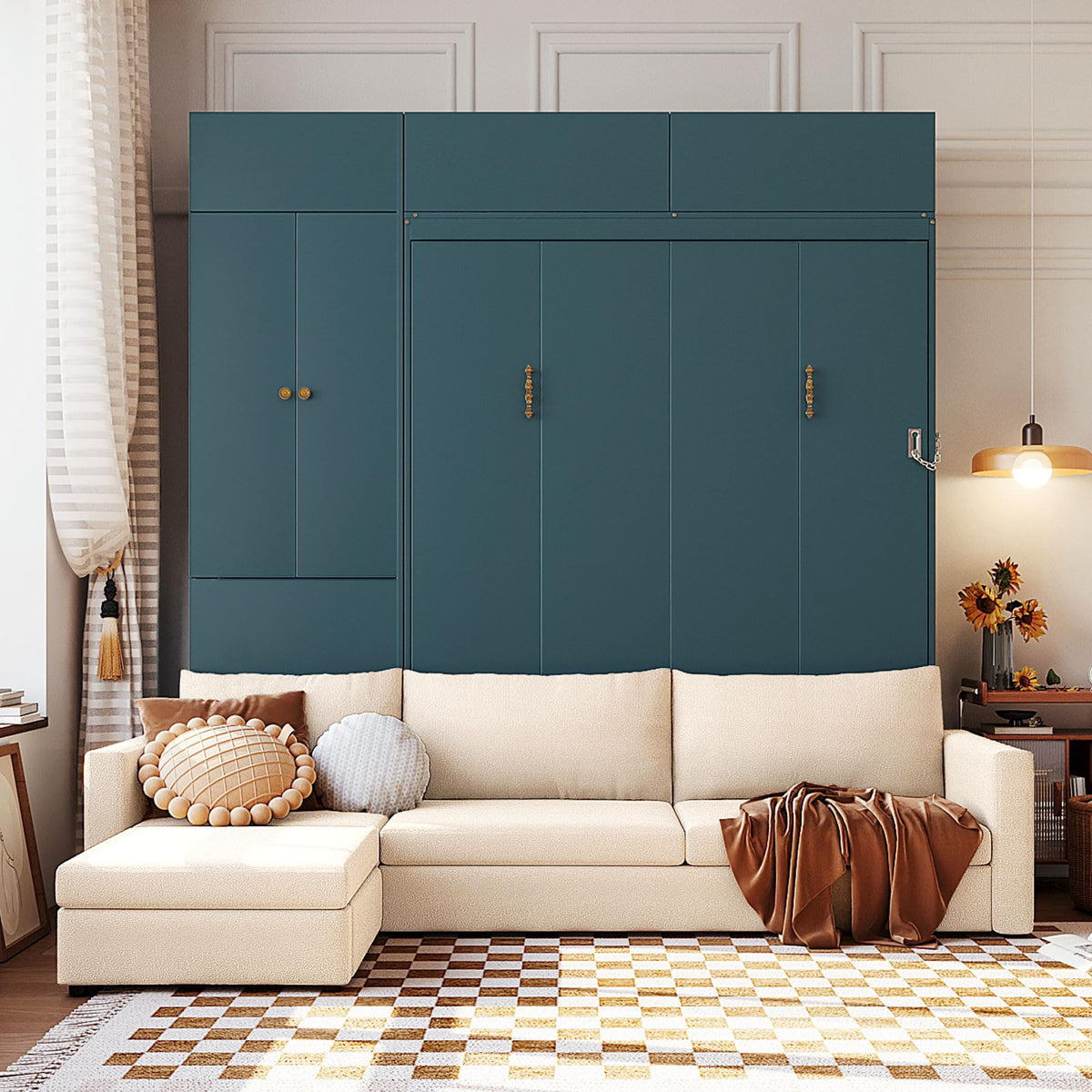 Twin Size Murphy Bed with Open Shelving, Sofa Front and Printed Panel