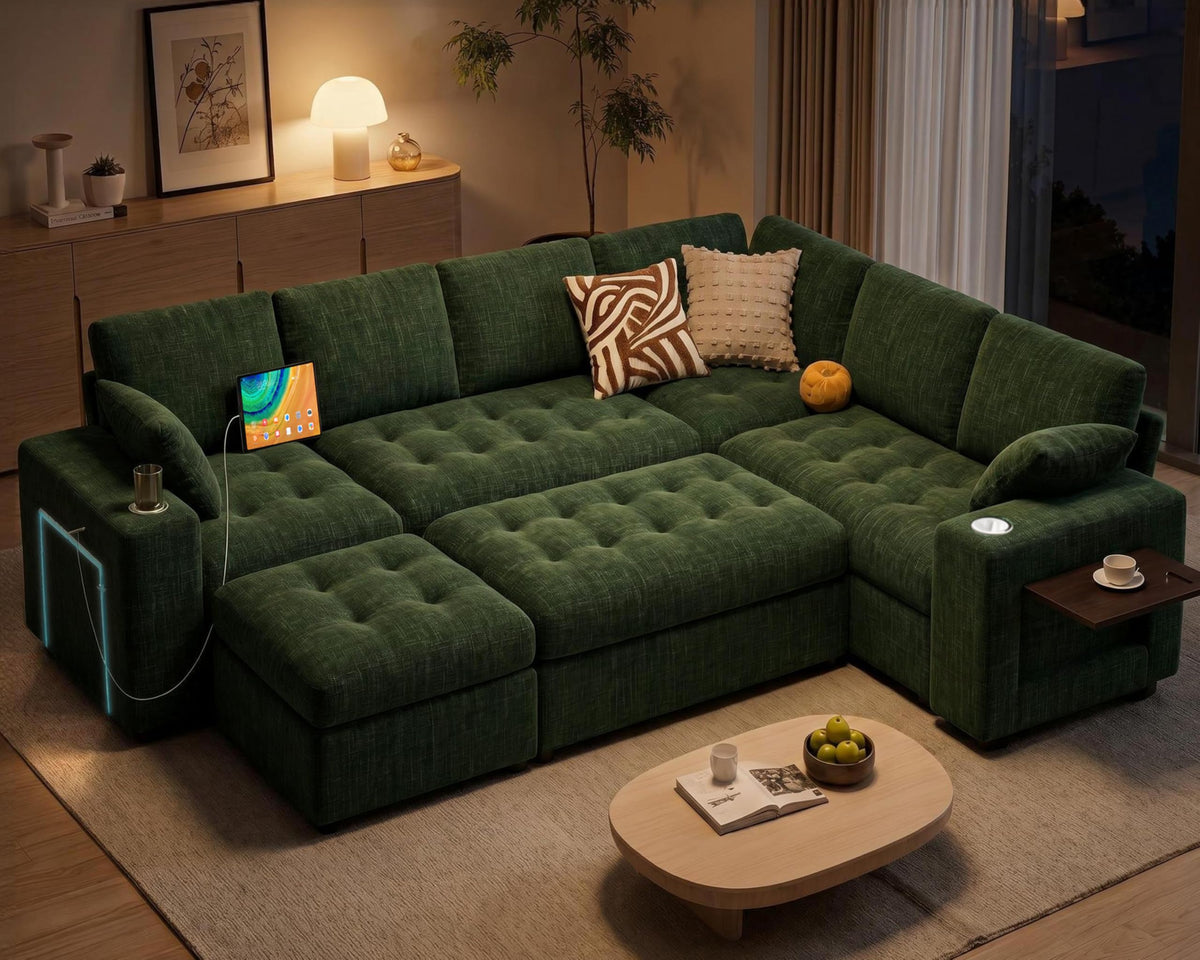 Vipbear 111" Sofa Bed, 7 Seat Modular Sectional Sleeper Sofa with Pull Out Bed, Chenille L Shaped Couch with Storage Ottoman|Cup Holders|Side Table|LED Light|USB Ports, Easy Assembly, Green