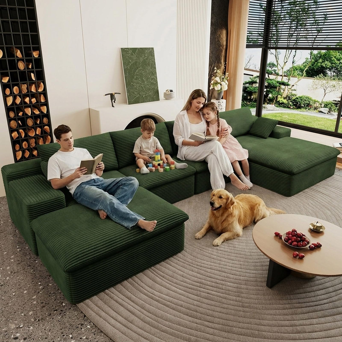 107" Cloud Couch Modular Sectional Couchs with Chaise Lounge, U-Shape Boneless Couches with Ottoman for Living Room, Corduroy Sofa with Deep Seat, No Assembly Required (Green, Left Facing Chaise)