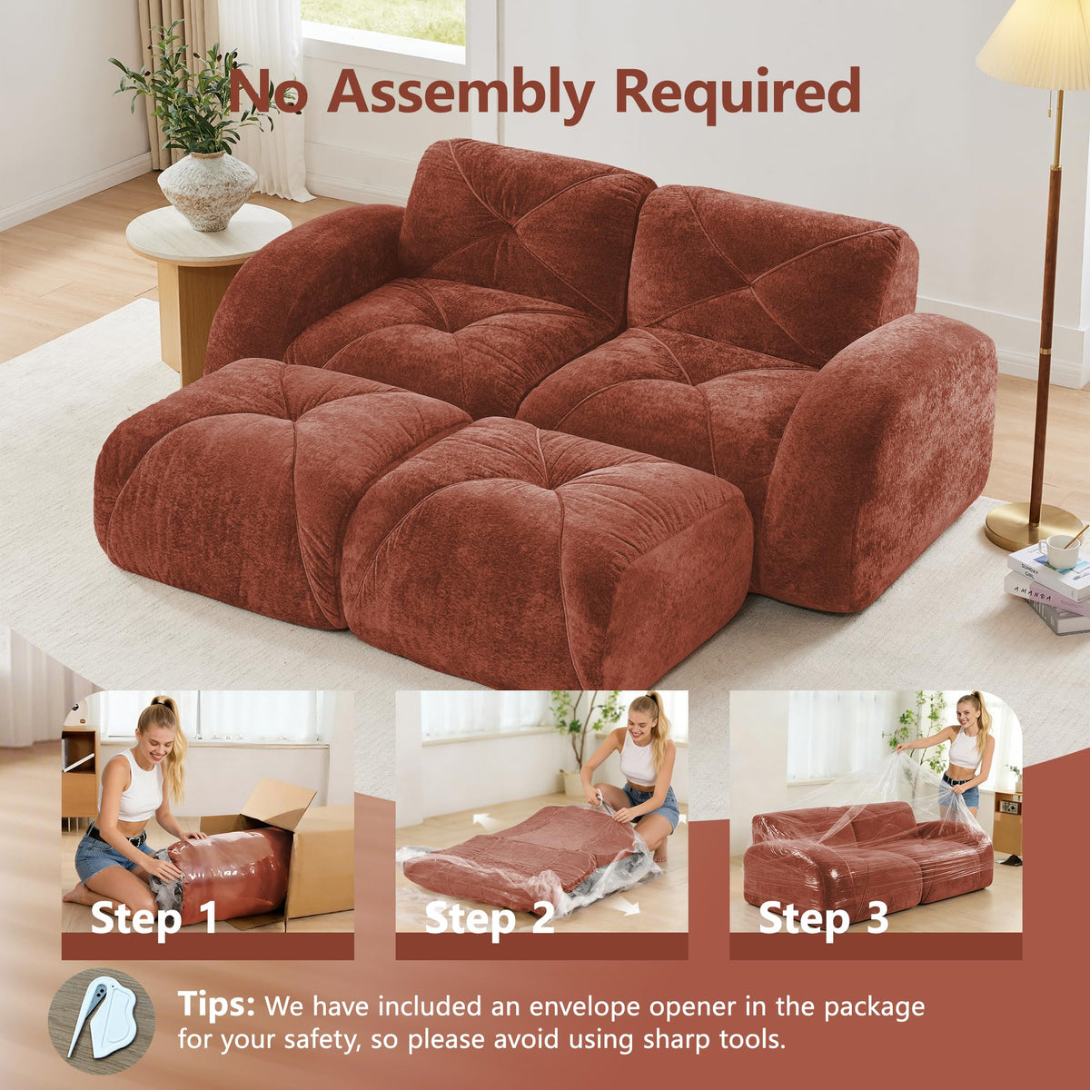 U-Shaped Sectional Sofa with 2 Movable Ottomans, 2-Seater Tufted Velvet Couch, Boneless Cloud Design, 32D High-Density Foam, No Assembly Required, Anti-Slip Bottom for Living Room Bedroom, Red Brown