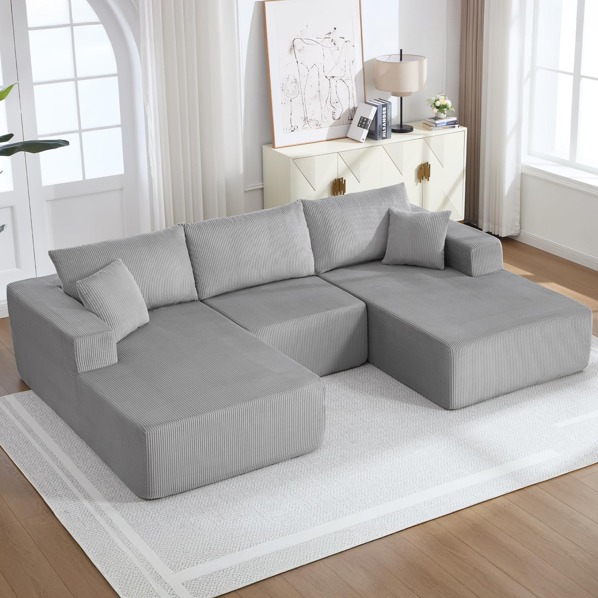 U-Shape Sectional Couch for Living Room,4 Seater Boneless Sofa Couch for Living Room Bedroom Apartments,146" Modular Sectional Corduroy Couch with Deep Seat,No Assembly Green