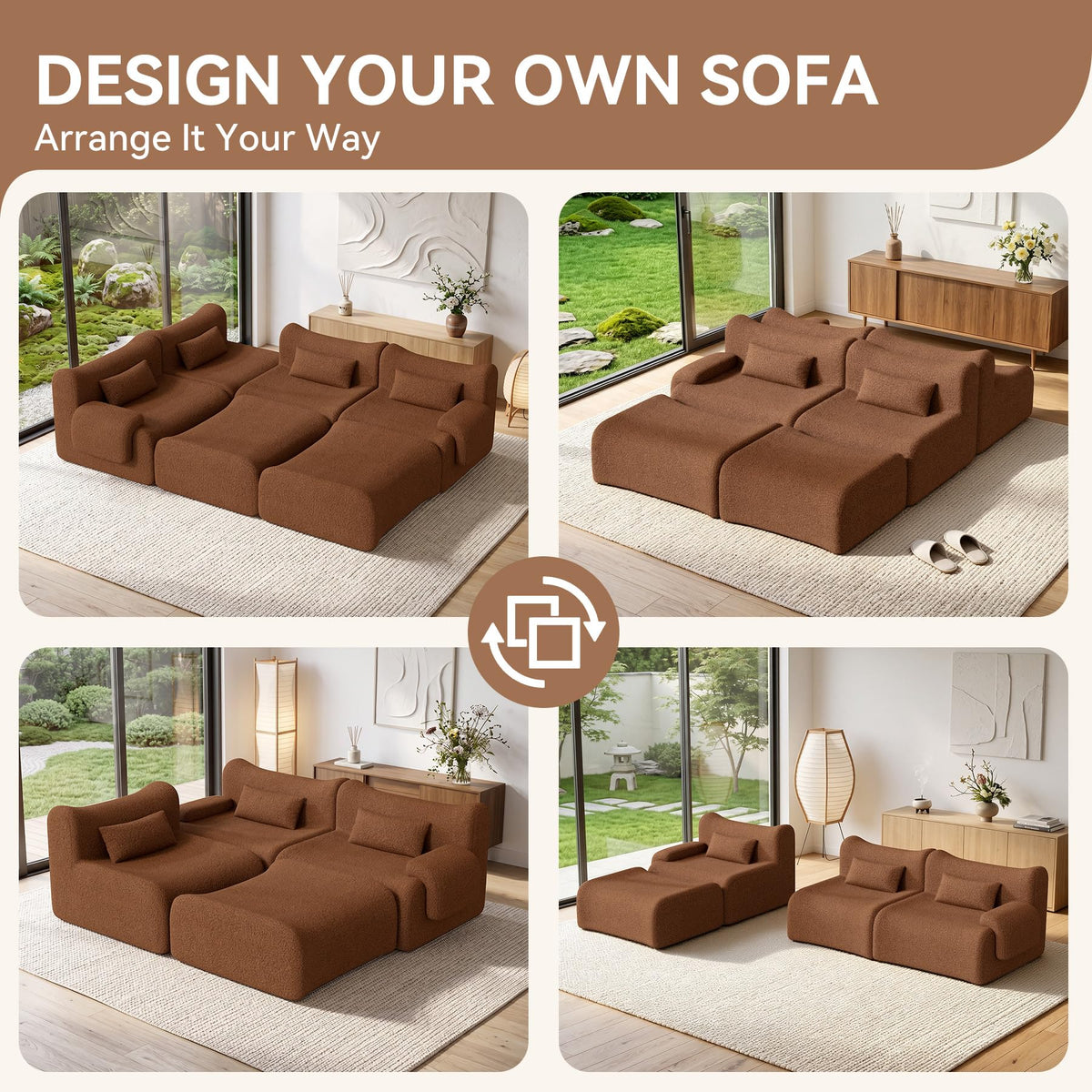 126" L Shaped Boneless Couch, 4-Seat Modular Sectional Sofa with Ottoman, Teddy Fleece Upholstery, Deep Seat Cloud Couch, No Assembly Required,Brown