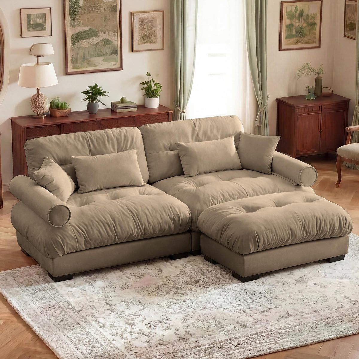 130" Cloud Couch, Oversized 3-Seater Couch with Ottomans and Pillows, Deep Seat L Shaped Sofa, Comfy Velvet Fluffy Sofas Modular Sectional Couches for Living Room (Blue, 3 Seat + 1 Ottoman)