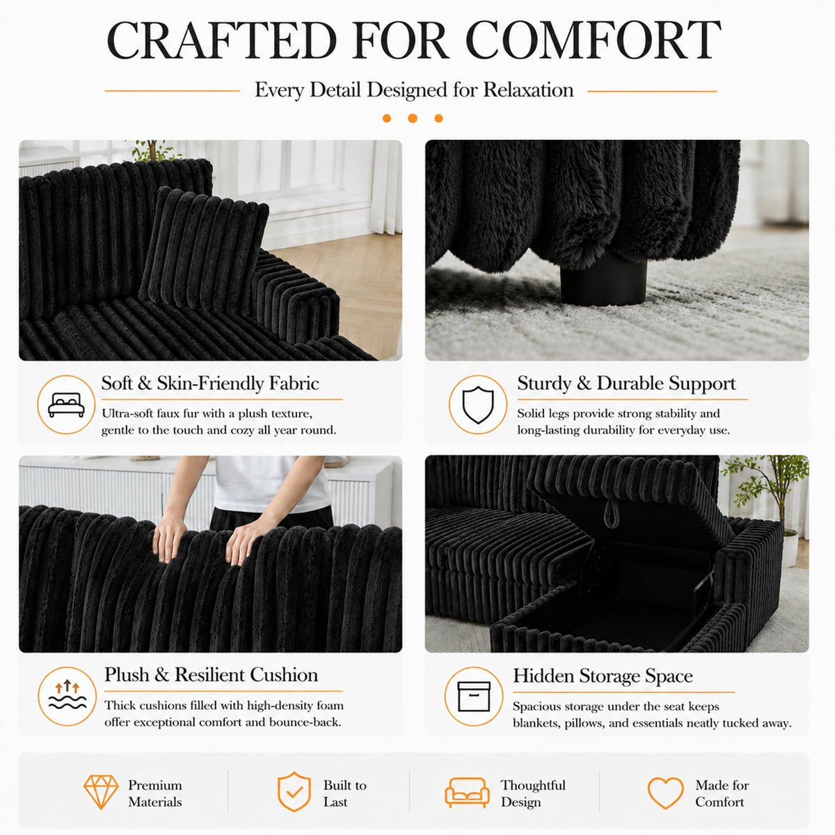 122 Inch Oversized U-Shaped Corduroy Sectional Sleeper Sofa with Pull Out Bed, Fluffy Plush Convertible Couch Bed with Storage Chaise for Living Room, Black