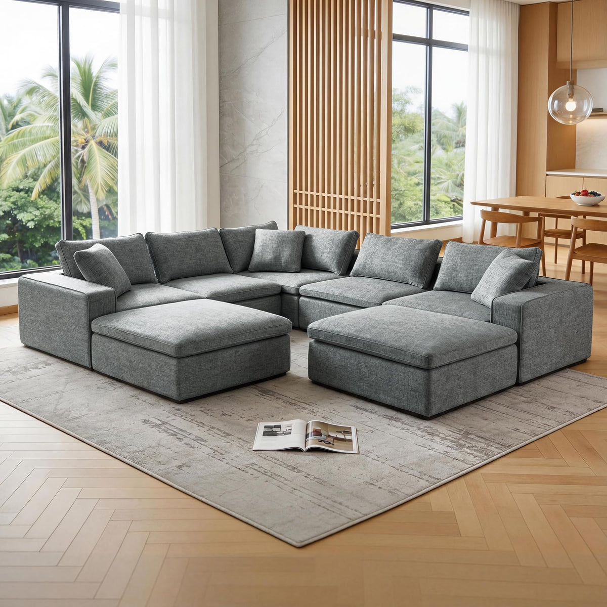 131" Cloud Modular Sofa, Oversized Sectional Couch with Washable Linen Fabric Covers, Large L-Shaped Deep Seat Sofa with Ottoman,7 Seater Down Filled Convertible Furniture for Living Room (Beige)