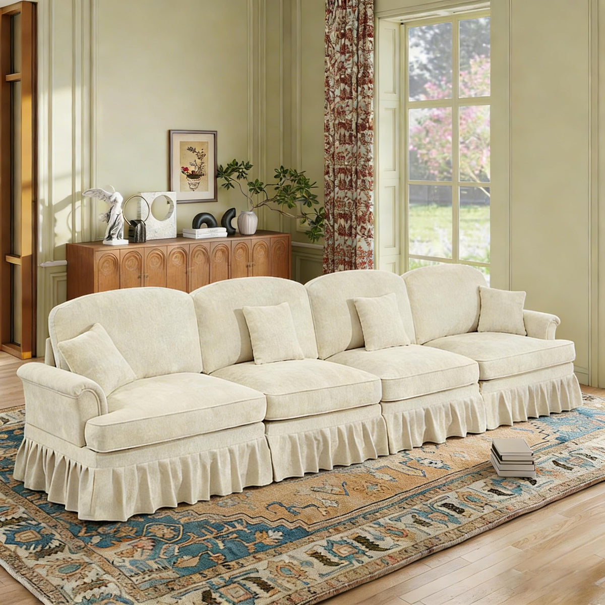 107'' Modern Sectional Sofa, Upholstered U-Shaped Couch with Removable Ruffles Pleats Skirts, Silver Chenille Cloud Couch, Ottoman, Flared Arms, 4-Seat Couches for Living Room, Bedroom, Camel