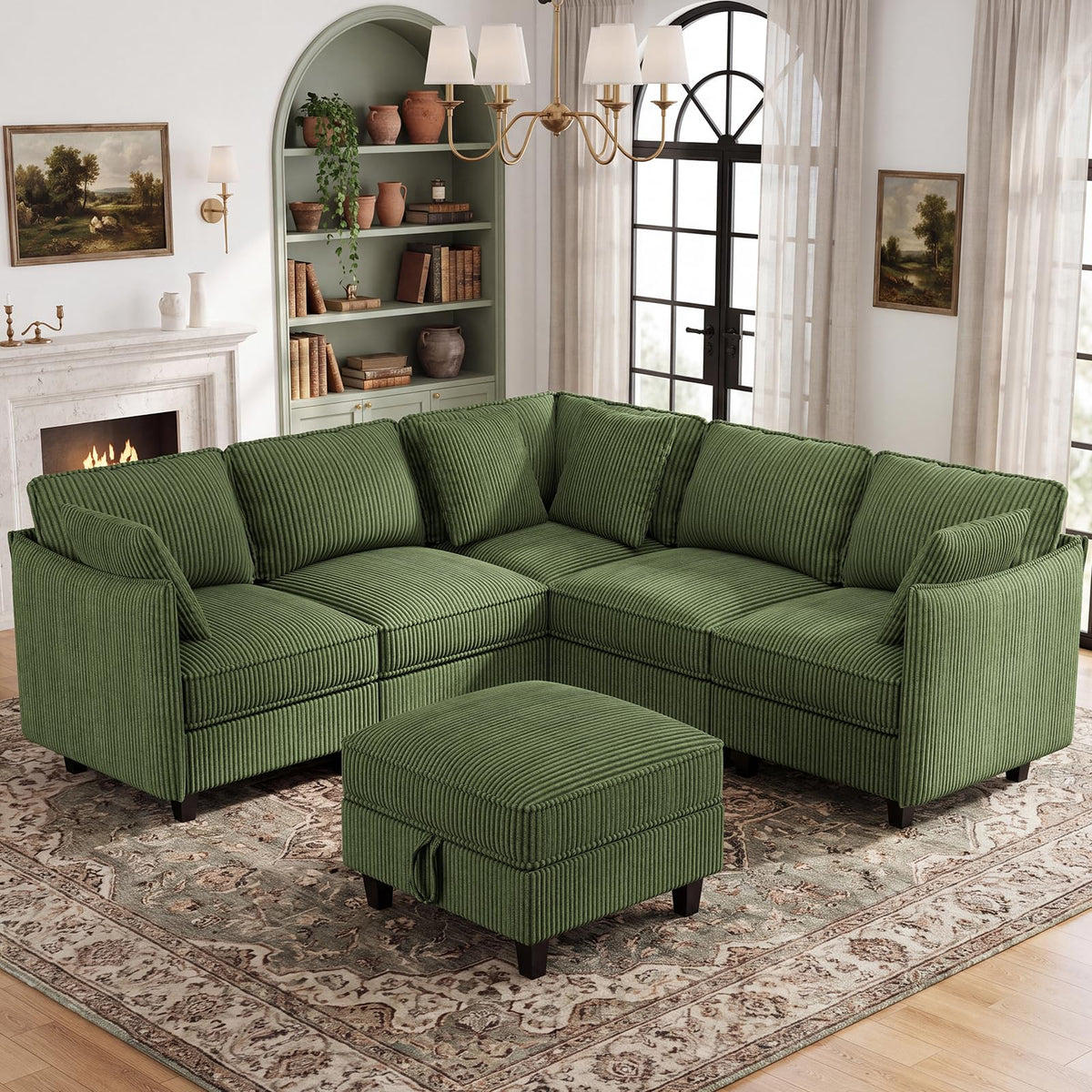 WorthFurni 84.8" Modular Sectional Sofa, 6 Seater Corner Sofa Modern V-Shaped Couch with 1 Storage Ottoman, Comfortable Corduroy Sofa with Throw Pillows for Living Room, Apartment, Green