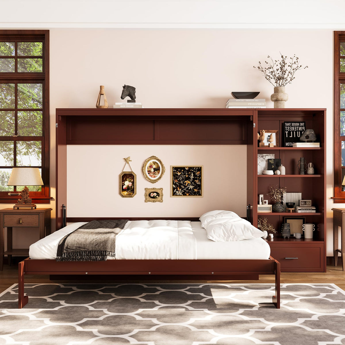 Twin Size Murphy Bed with Open Shelving, Sofa Front and Printed Panel