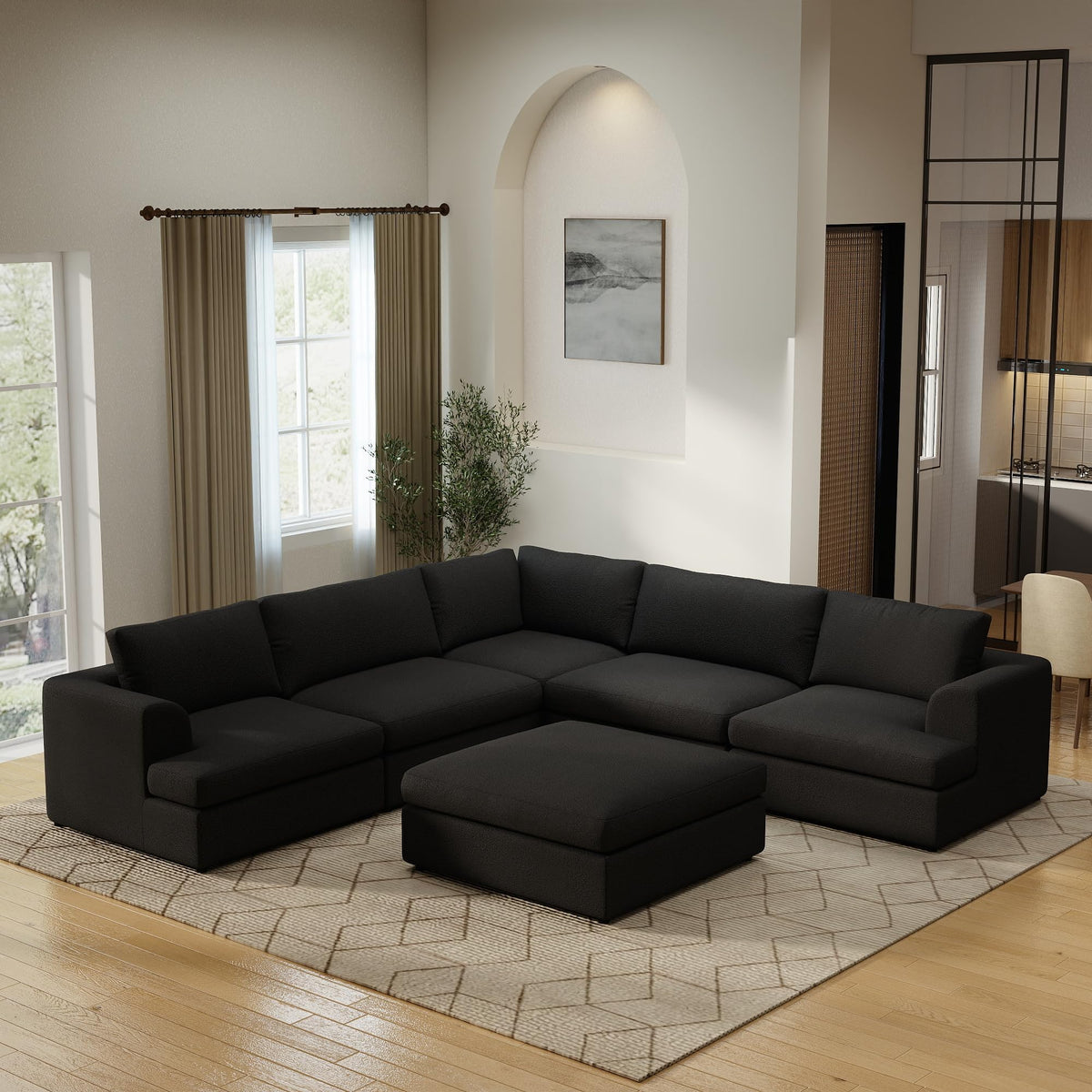 WJShome Modular Sectional Couches, V-Shaped Cloud Couch with Ottoman, High Density Sponge Cushion Sleeper Sofa Bed, Wooden Frame, Sherpa Fabric Sofa Furniture for Living Room, Apartment, White