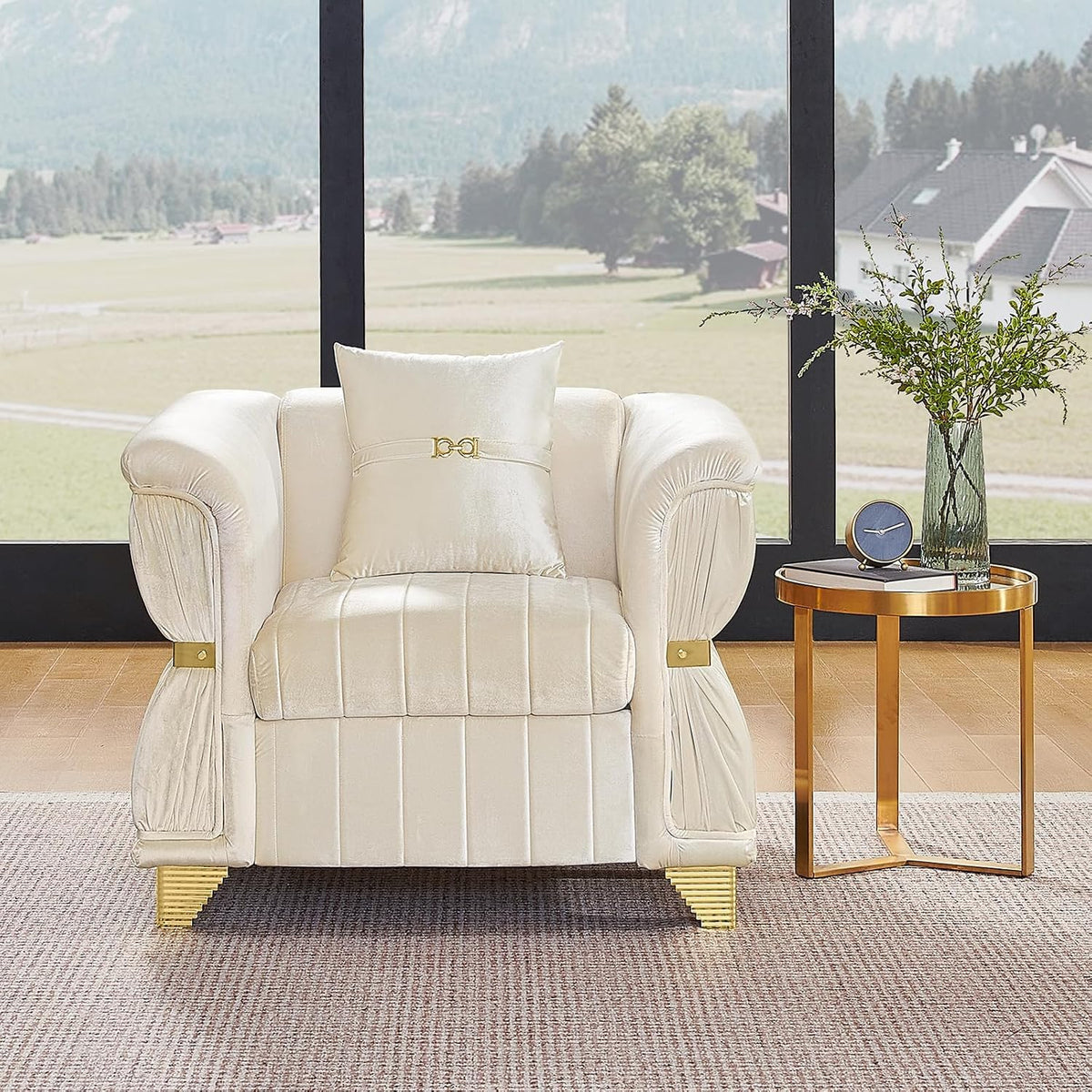 WinJoy 2 Piece Set Modern Velvet Three Seater and Two Seater Sofa Upholstered Luxury Couch with 4 Pillows Gold Metal Trim Tapered Gold Legs & Curved Armrests for Living Room Beige
