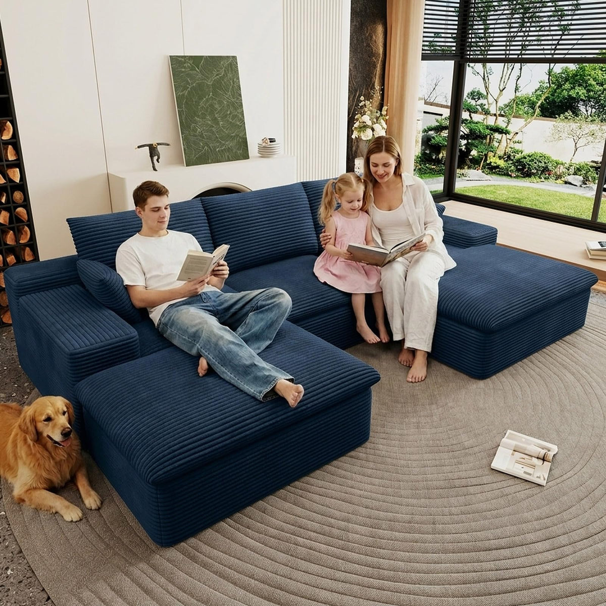 107" Cloud Couch Modular Sectional Couchs with Chaise Lounge, U-Shape Boneless Couches with Ottoman for Living Room, Corduroy Sofa with Deep Seat, No Assembly Required (Green, Left Facing Chaise)