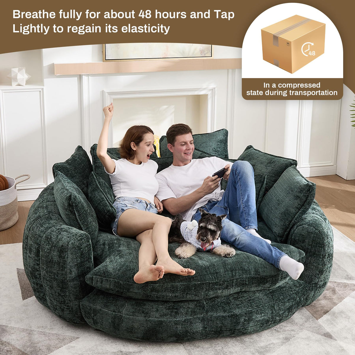 Wrofly 81.1" W Oversized Round Chaise Lounge, Fluffy Lazy Bean Bag Sofa with 14 Pillows, Comfy Chenille Upholstered Barrel Sleeper Bed, Modern Deep Seat Cloud Couch for Living Room, Emerald