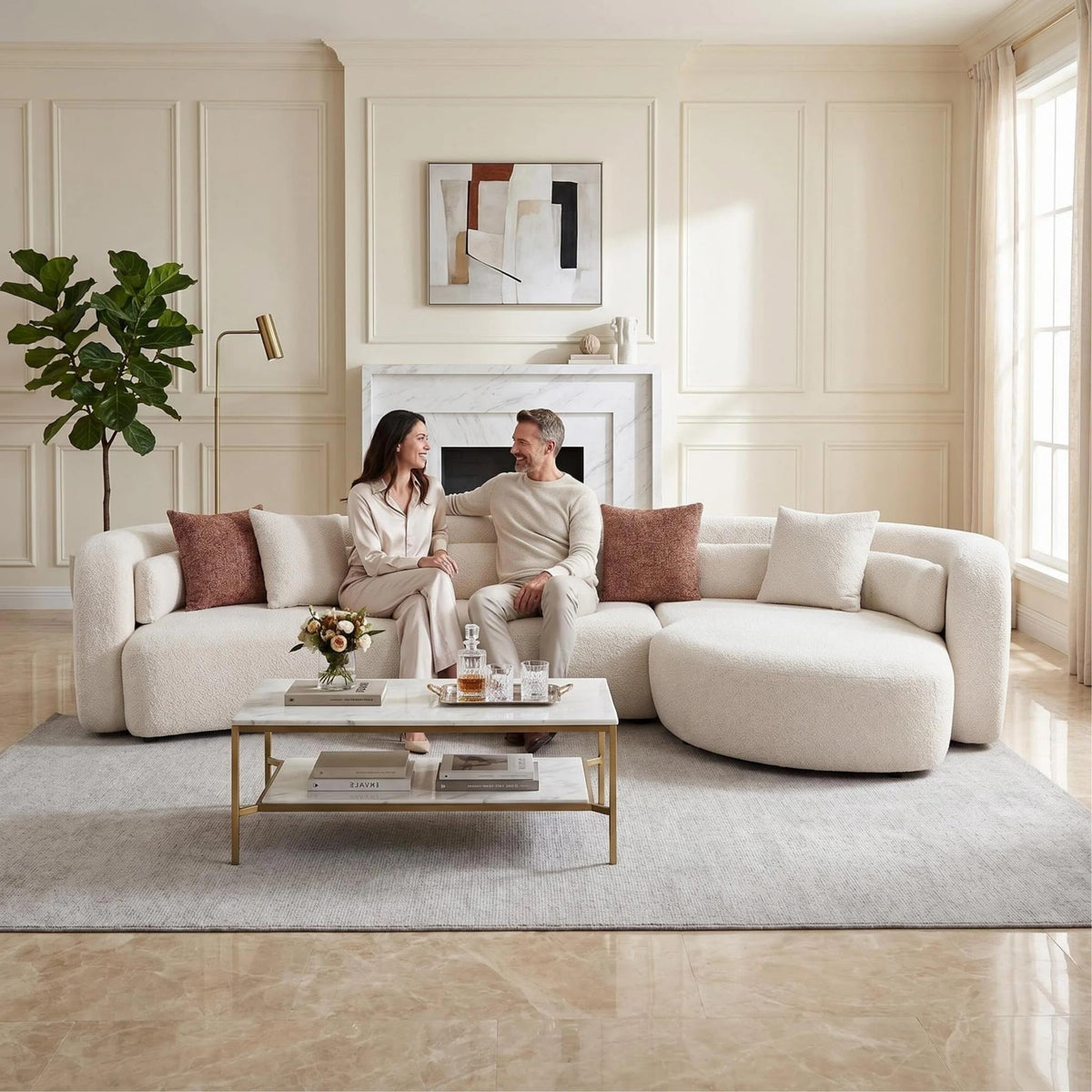 132" Modern Curved Sectional Couch, Light Beige Boucle Sofa Chaise