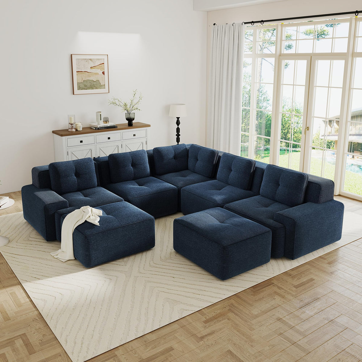 115.3” Camel Boneless Couches for Living Room, Modular Sectional Sofa with L-Shape Chaise, 3 Seater Comfy Upholstered Deep Seat Corduroy Fabric Cloud Couch No Assembly, Anti-Slip Design