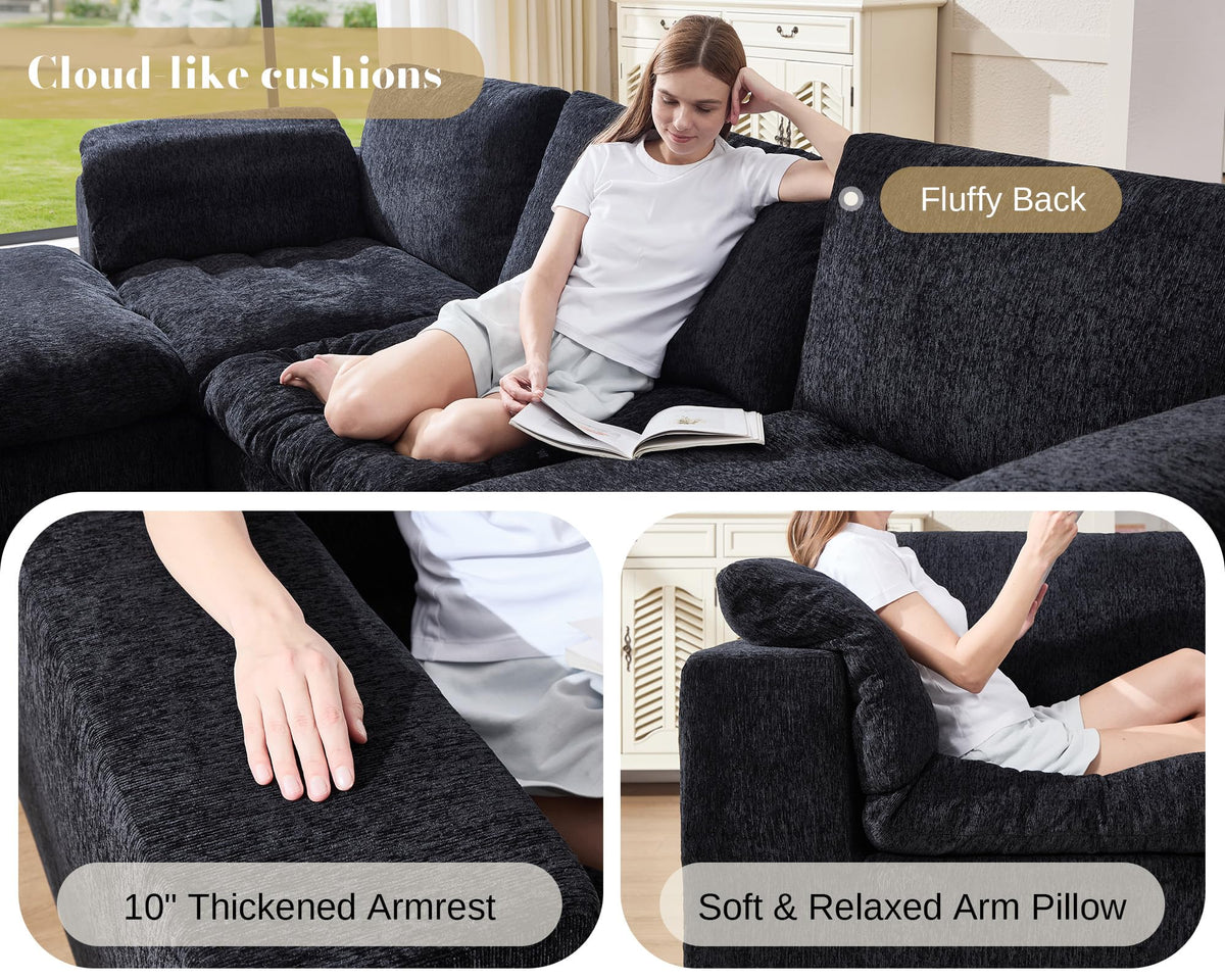 120" Cloud Modular Sectional Sofa, No-Assembly Chenille Couch, Black