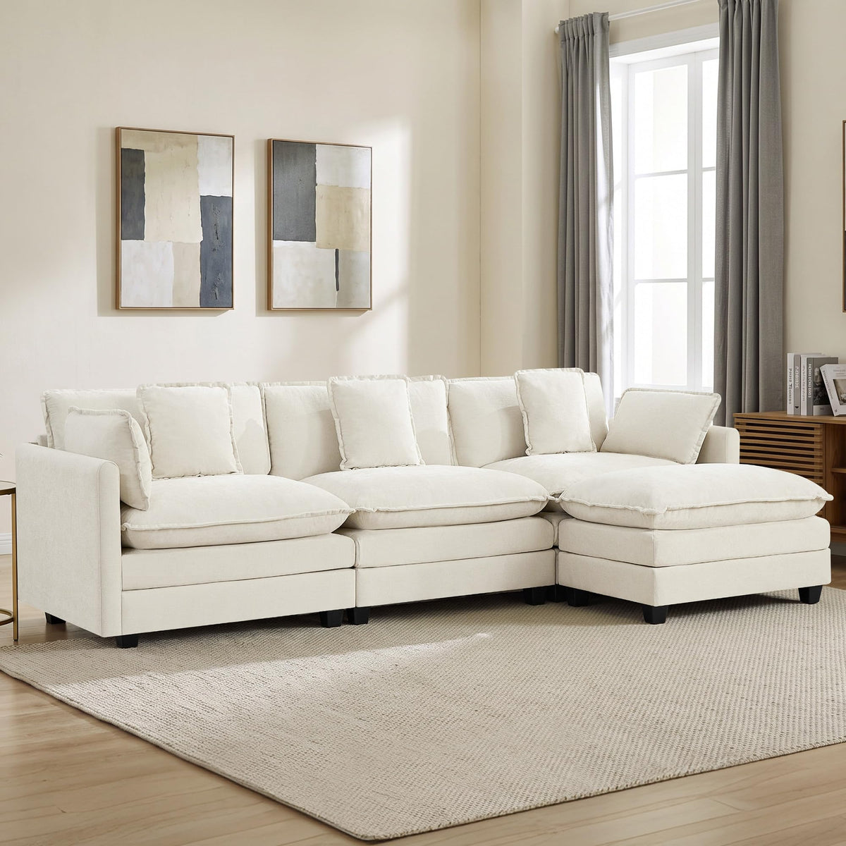 113" V-Shaped Cloud Couch, Modular Sectional for Living Room, Light Grey