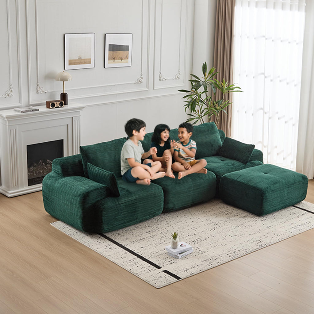 Tidyard Foam Sectional Sofa, Pet-Friendly Corduroy Fabric, No Assembly Required, Extra Deep Loveseat for Living Room, Green