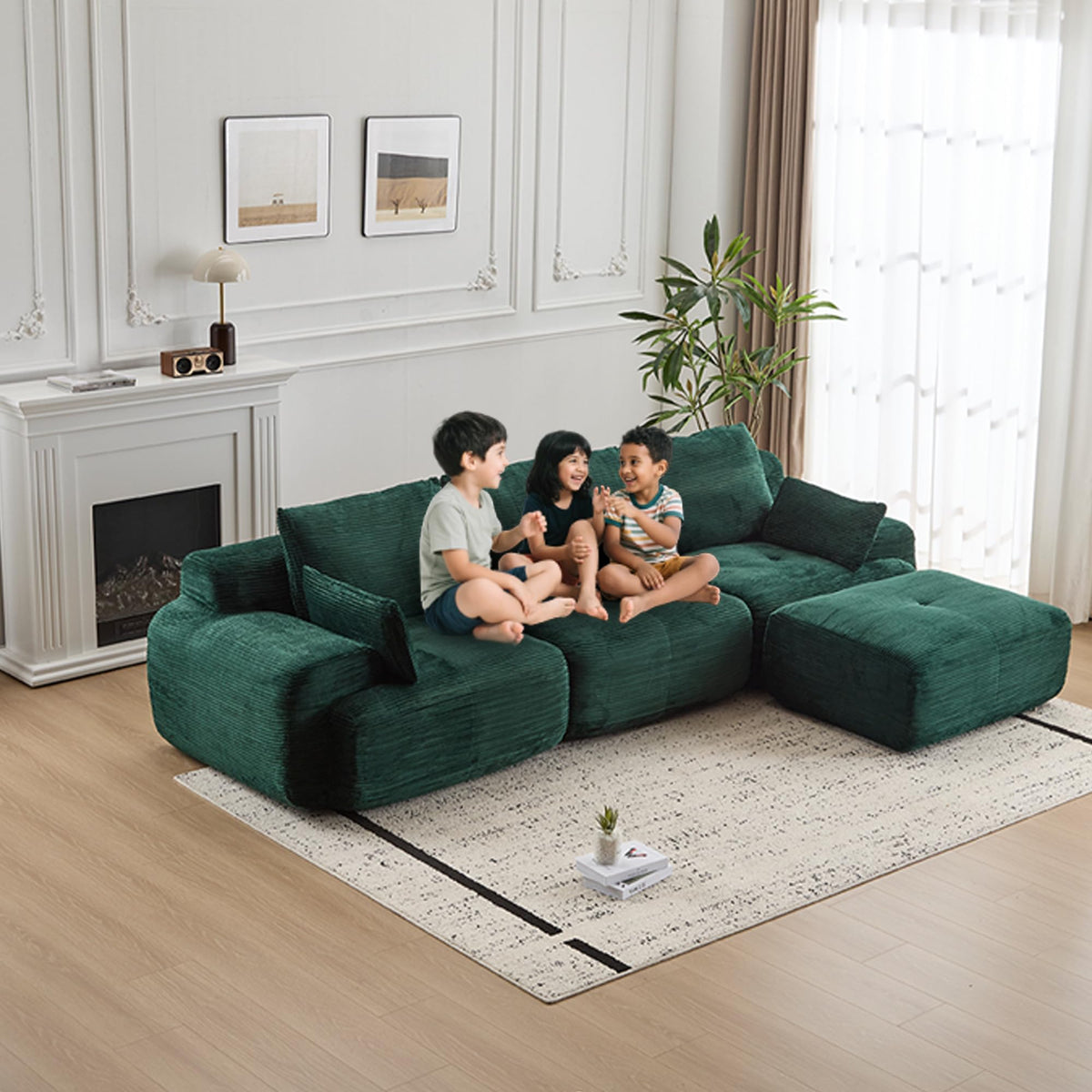 Tidyard Foam Sectional Sofa, Pet-Friendly Corduroy Fabric, No Assembly Required, Extra Deep Loveseat for Living Room, Green