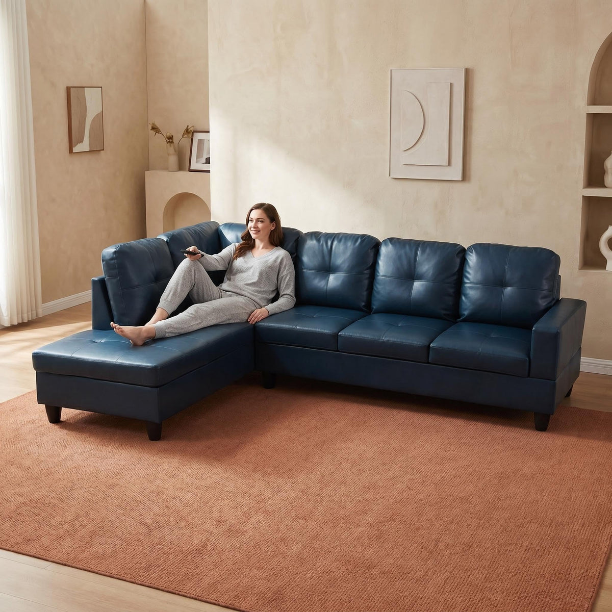 103.5" Sectional Couch with Movable Ottoman, L Shaped 4 Seater PU Faux Leather Sofa w/Chaise Lounge, Comfy Modern Modular Couch for Living Room, Apartment, White Stripes, Right, 3PCS