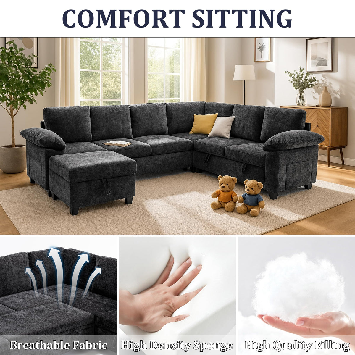 109" Modular Sectional L Shaped Sofa with Pull Out Bed, Sectional Sleeper 7 Seat Couch with Storage, Modern Chenille Convertible Sofa Bed, Sectional Couches for Living Room, Black
