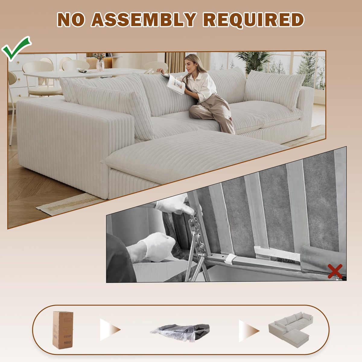 118.2" L‑Shape Modular Cloud Sectional Sofa, 3‑Seater Couch with Ottoman