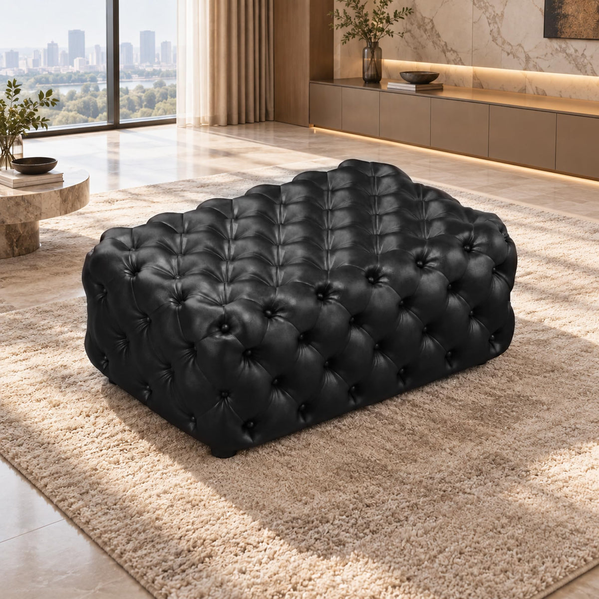 106" L Shaped Faux Leather Couch, Chesterfield Sofa Set-Dark Brown