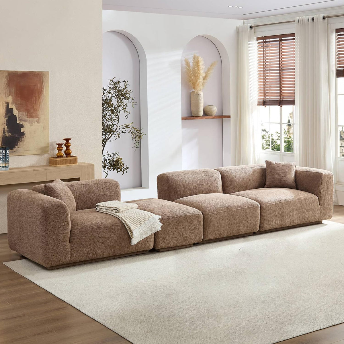 110" Modern Velvet Sofa, Luxury Curved Couch, Comfy Fluffy Cloud Sofa Deep Seat, Oversized Modular Sectional Sofa, Minimalist Memory Foam Upholstery Sofa for Living Room Office Apartment, Beige