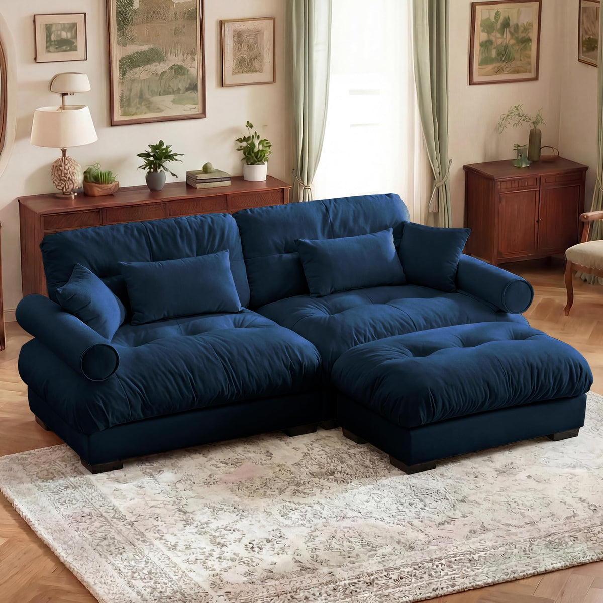 130" Cloud Couch, Oversized 3-Seater Couch with Ottomans and Pillows, Deep Seat L Shaped Sofa, Comfy Velvet Fluffy Sofas Modular Sectional Couches for Living Room (Blue, 3 Seat + 1 Ottoman)