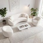 White Curved Sofa Set of 3, Solid Wood Frame, 5 Seater, Pillows, Modern