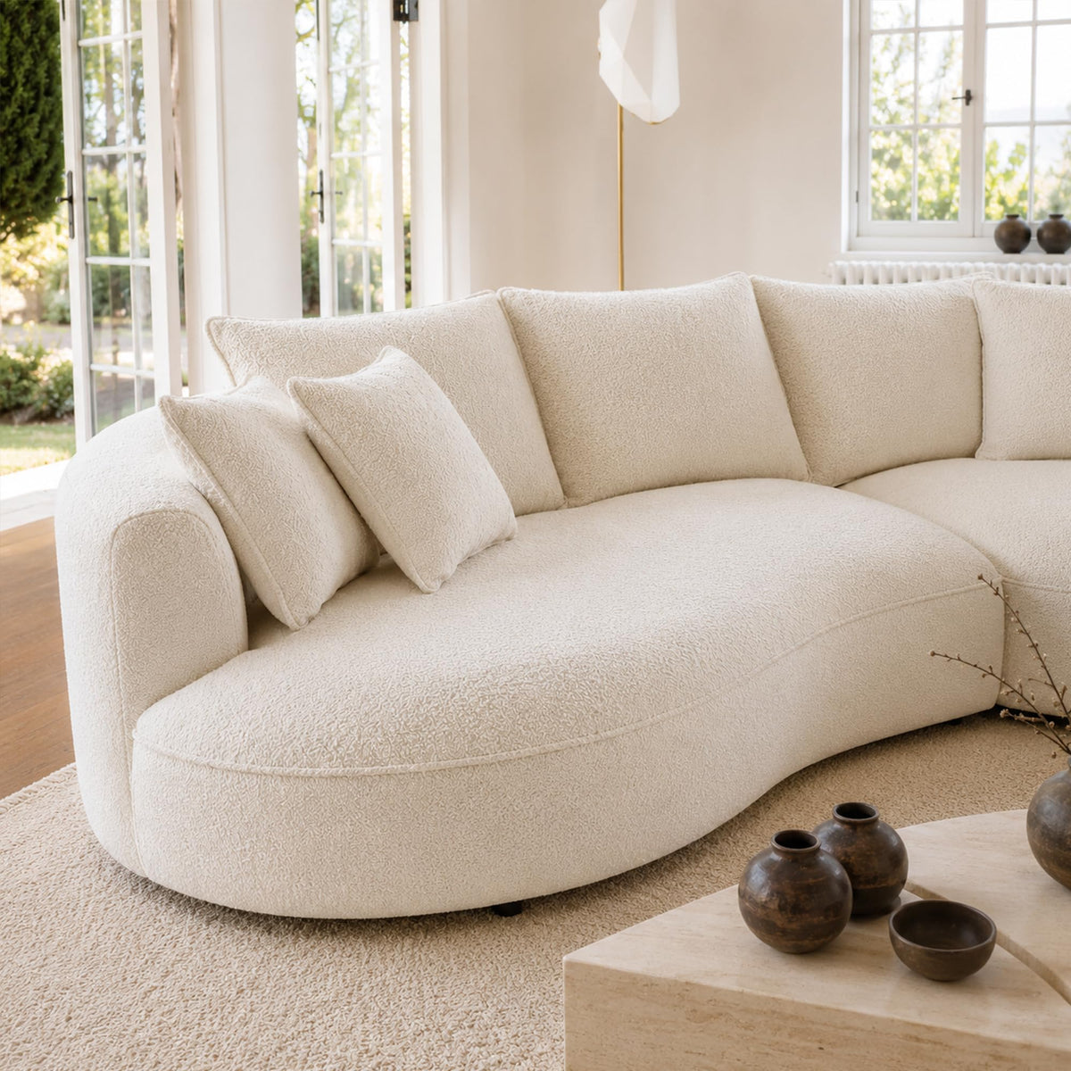 124.8" Modern Curved Sectional Sofa with Chaise, Upholstery Boucle Sofa with Pillows,Sectional Couch for Living Room - (Beige,Right Hand Facing)