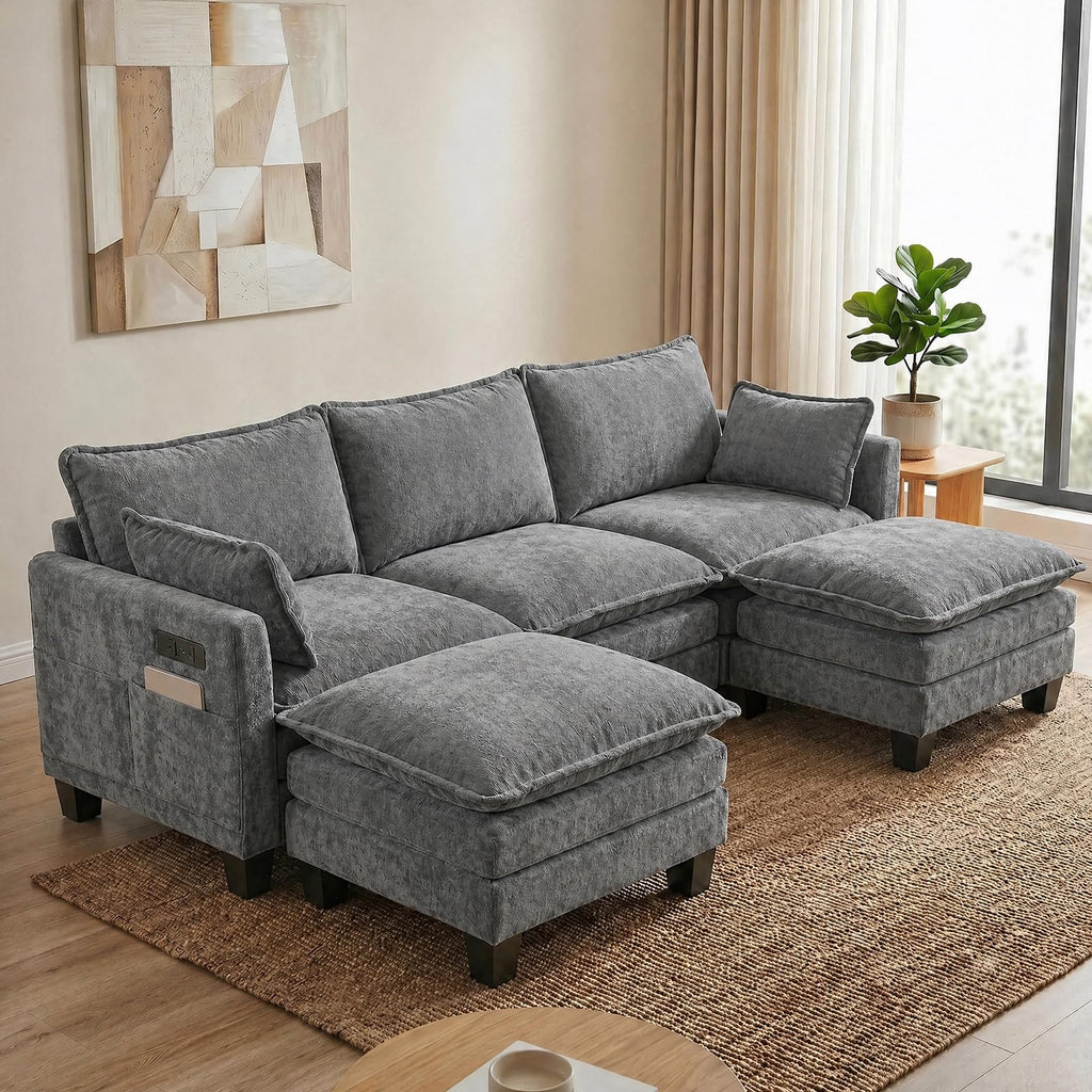 108" Modular Sectional Sofa Cloud Couch - U Shape Sofa with Charging Station Side Storage - Chenille Comfy Couches with Ottoman Movable for Living Room Bedroom Apartment Office, Dark Grey