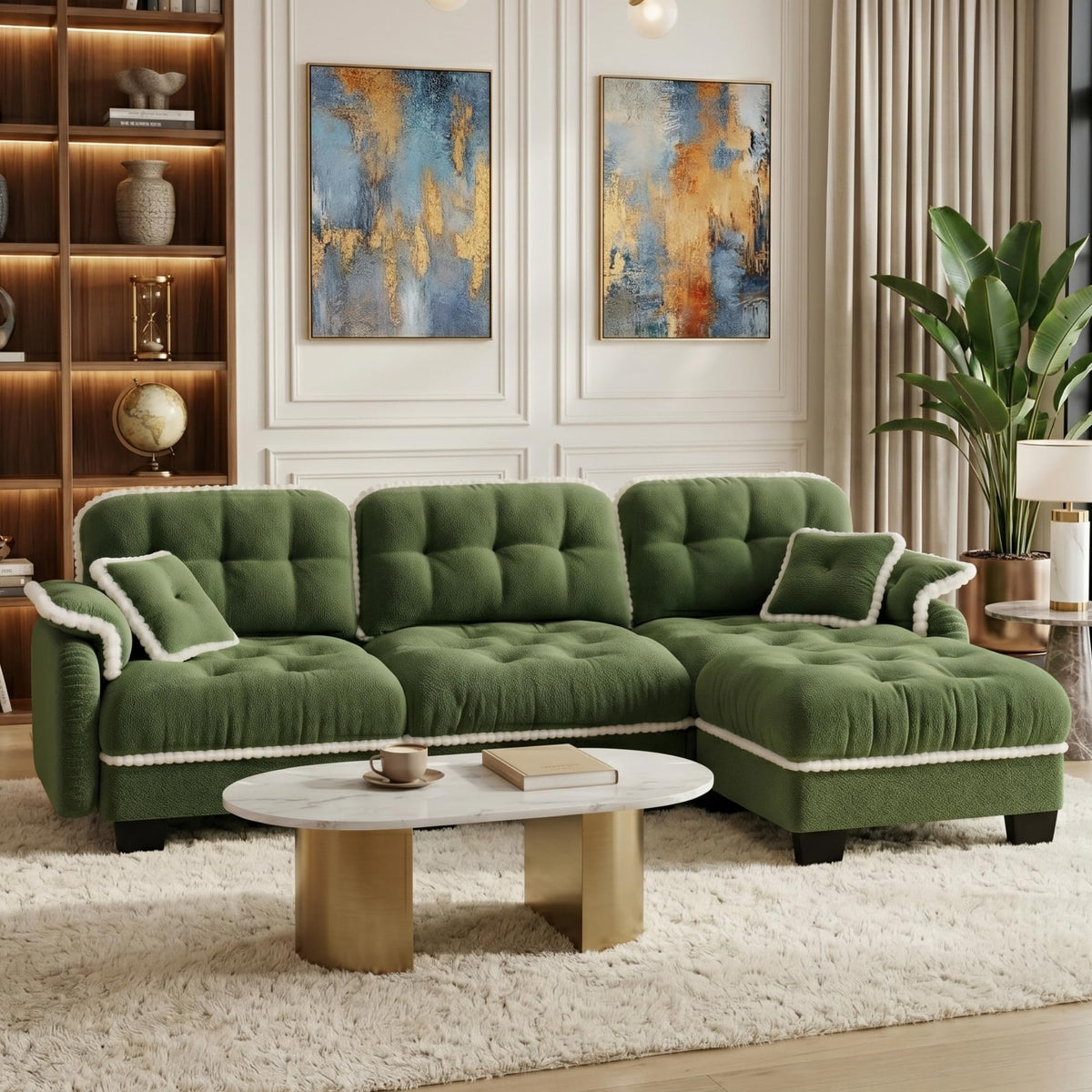 100.7" Chenille Cloud 3-Seater Sofa, Tufted Deep Seat Couch with Pom-Pom Trim & 4 Pillows, Ergonomic Easy Assembly Modular Sofa for Living Room & Apartment（Green ）