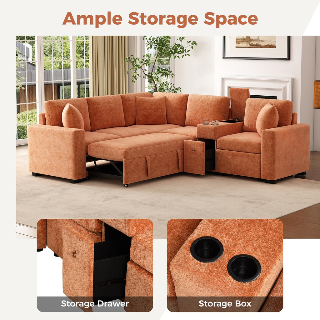 120.5" L-Shaped Modular Sectional Sofa with Convertible Sofa Bed, Reversible Sleeper with Pull-Out Bed, Cup Holders and Ample Storage Space for Living Room
