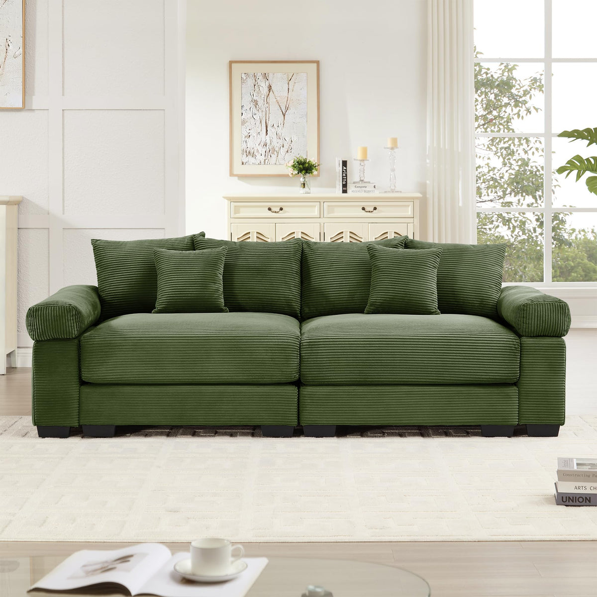 130" Oversized Modular 3-Seater Sectional Sofa, Cloud Corduroy Fabric with Extra-Thick Armrests, Ergonomic Deep Seat Couch for Living Room, Easy Assembly Sofas for Living Room(Cream)