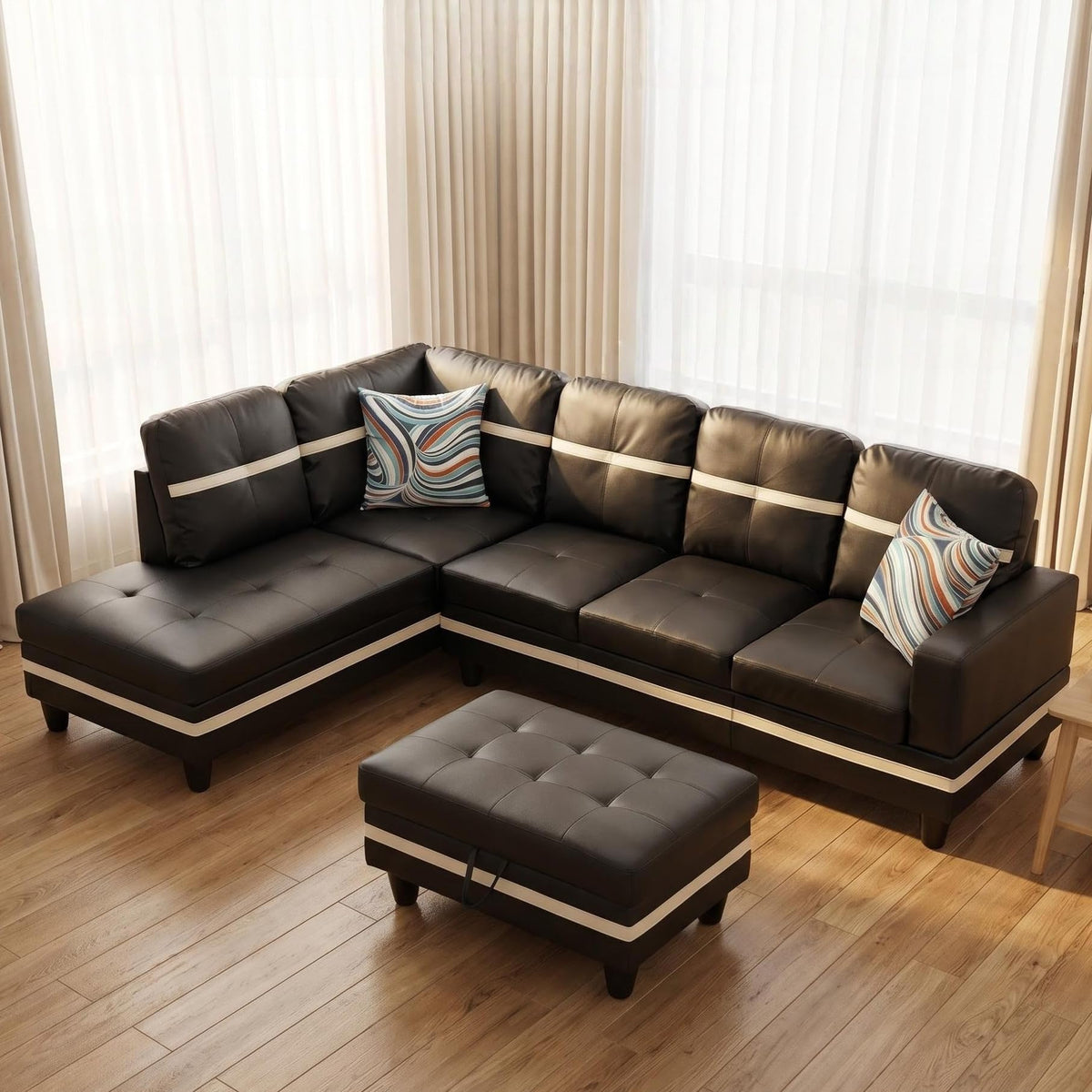 103.5" Sectional Couch with Movable Ottoman, L Shaped 4 Seater PU Faux Leather Sofa w/Chaise Lounge, Comfy Modern Modular Couch for Living Room, Apartment, White Stripes, Right, 3PCS