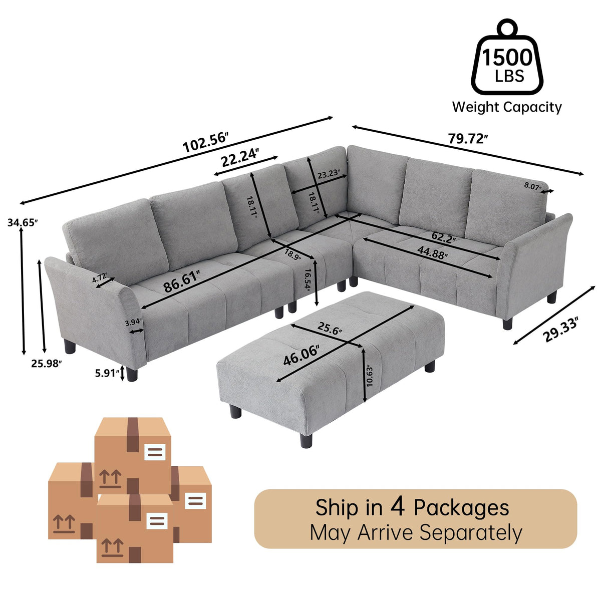 103" Convertible Sectional Sofa with Long Bench, Modern L-Shaped Couch with Back Cushions, Upholstered Fabric 6 Seat Sofa Couches for Living Room, Apartment, Office, Light Grey