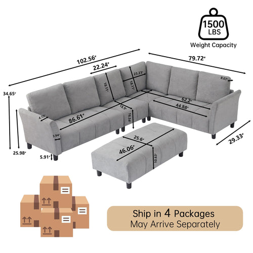 103" Convertible Sectional Sofa with Long Bench, Modern L-Shaped Couch with Back Cushions, Upholstered Fabric 6 Seat Sofa Couches for Living Room, Apartment, Office, Light Grey