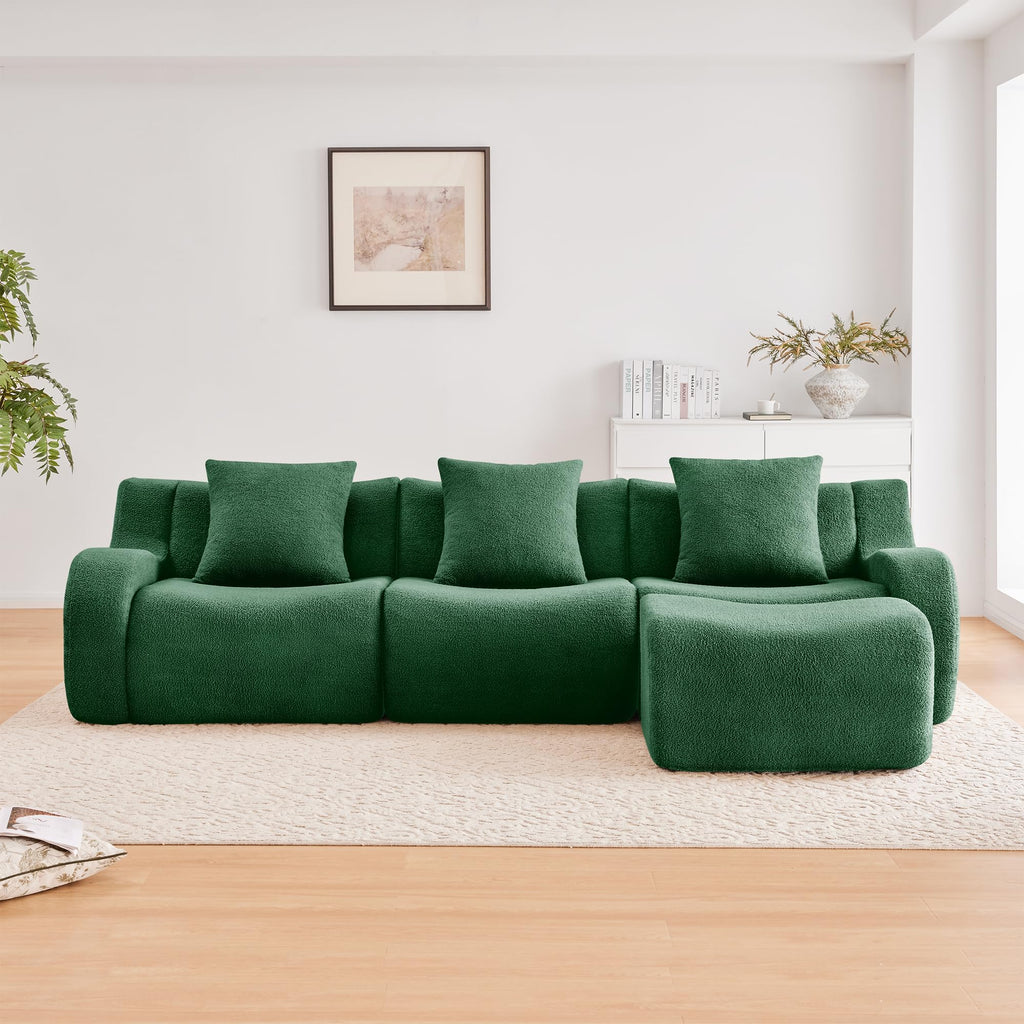 Tidyard Boneless 3-Seater Sofa with Chaise, High-Density 32D Sponge, Teddy Fleece Fabric, No Assembly Needed, Curved Armrest & Non-Slip Base, Green