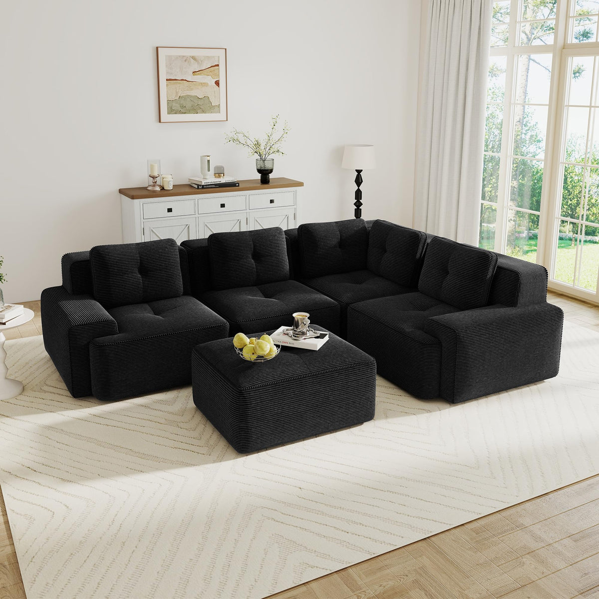 115.3” Camel Boneless Couches for Living Room, Modular Sectional Sofa with L-Shape Chaise, 3 Seater Comfy Upholstered Deep Seat Corduroy Fabric Cloud Couch No Assembly, Anti-Slip Design
