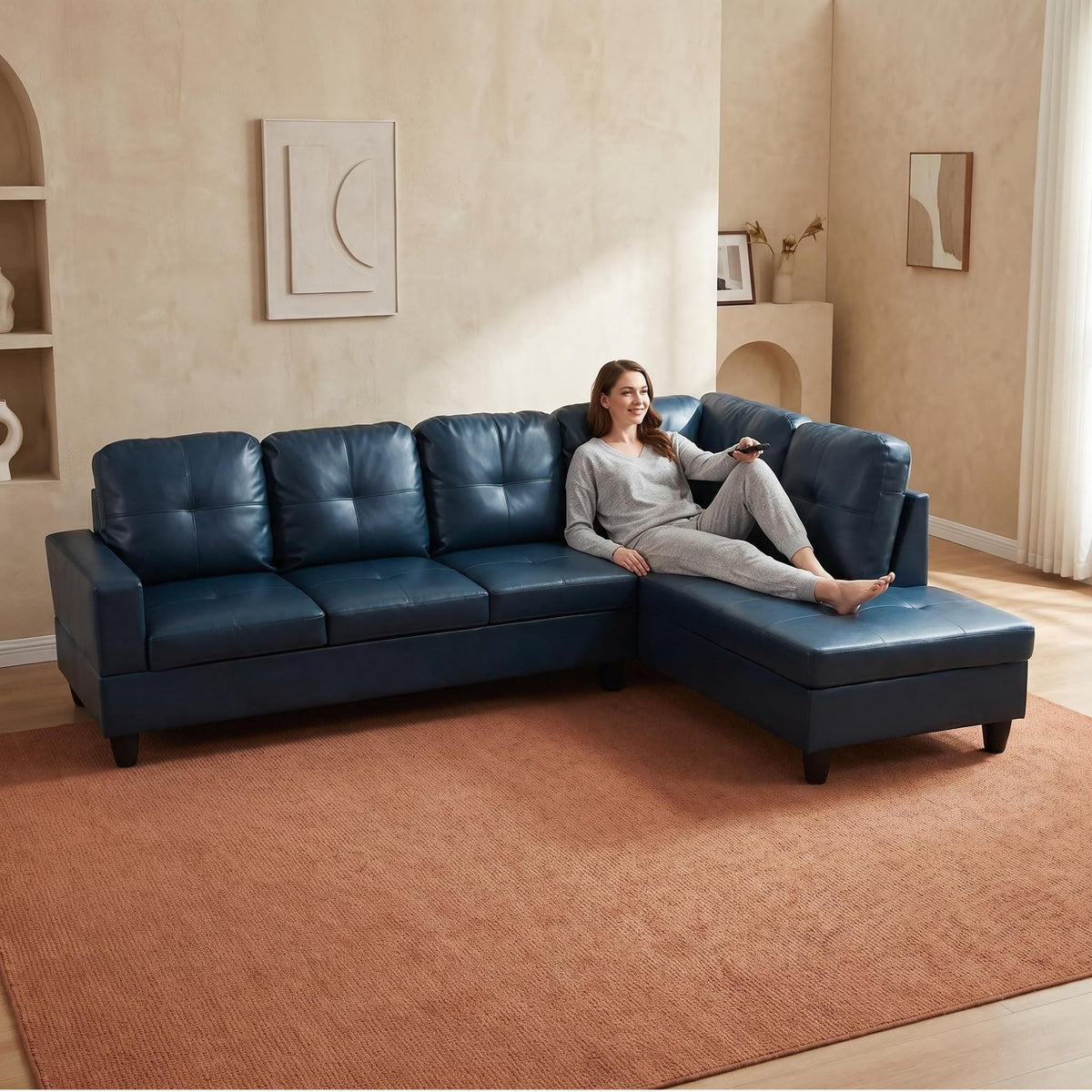 103.5" Sectional Couch with Movable Ottoman, L Shaped 4 Seater PU Faux Leather Sofa w/Chaise Lounge, Comfy Modern Modular Couch for Living Room, Apartment, White Stripes, Right, 3PCS