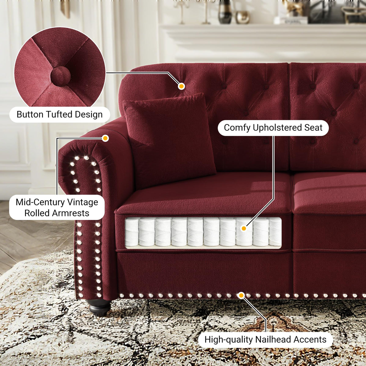 Velvet Chesterfield Sofa with Rolled Arms & Nailhead Trim, Modular Sectional Sofa Couches, Modern Cloud Sofa with Button Tufted, for Living Room, Bedroom, Small Space (Burgundy, 2 Seat+2 Ottoman)