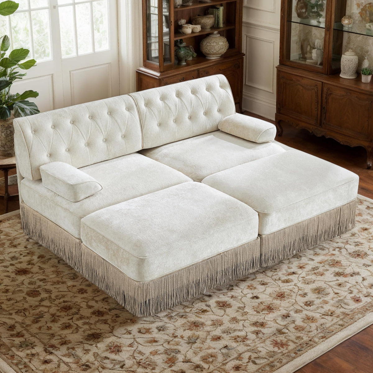 106'' Modern Chesterfield Style 3-Seater Sofa with 2 Ottoman, Upholstered Velvet Modular Sectional Sofa with Button Tufted, U Shape Deep Seat Cloud Sectional Couches for Living Room (Green)
