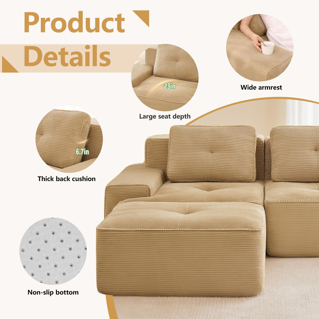 115.3” Camel Boneless Couches for Living Room, Modular Sectional Sofa with L-Shape Chaise, 3 Seater Comfy Upholstered Deep Seat Corduroy Fabric Cloud Couch No Assembly, Anti-Slip Design