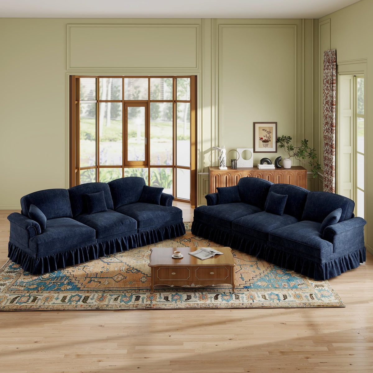 107'' Modern Sectional Sofa, Upholstered U-Shaped Couch with Removable Ruffles Pleats Skirts, Silver Chenille Cloud Couch, Ottoman, Flared Arms, 4-Seat Couches for Living Room, Bedroom, Camel