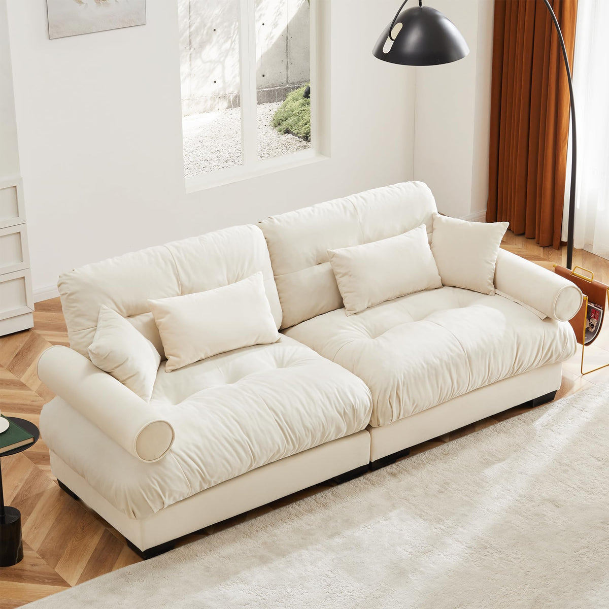 130" Cloud Couch, Oversized 3-Seater Couch with Ottomans and Pillows, Deep Seat L Shaped Sofa, Comfy Velvet Fluffy Sofas Modular Sectional Couches for Living Room (Blue, 3 Seat + 1 Ottoman)