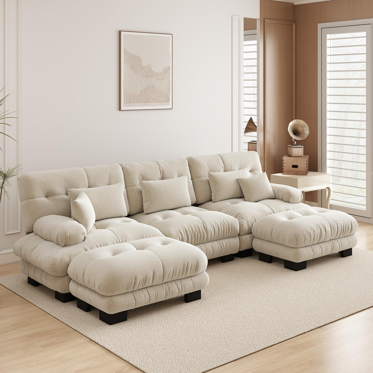 Velvet Modular Sectional Sofa,130" W Oversized U Shape Cloud Couch with 2 Ottomans,Free Combined 3 Seater Comfy Sofa with Bolster Armrest Pillows,Green for Living Room
