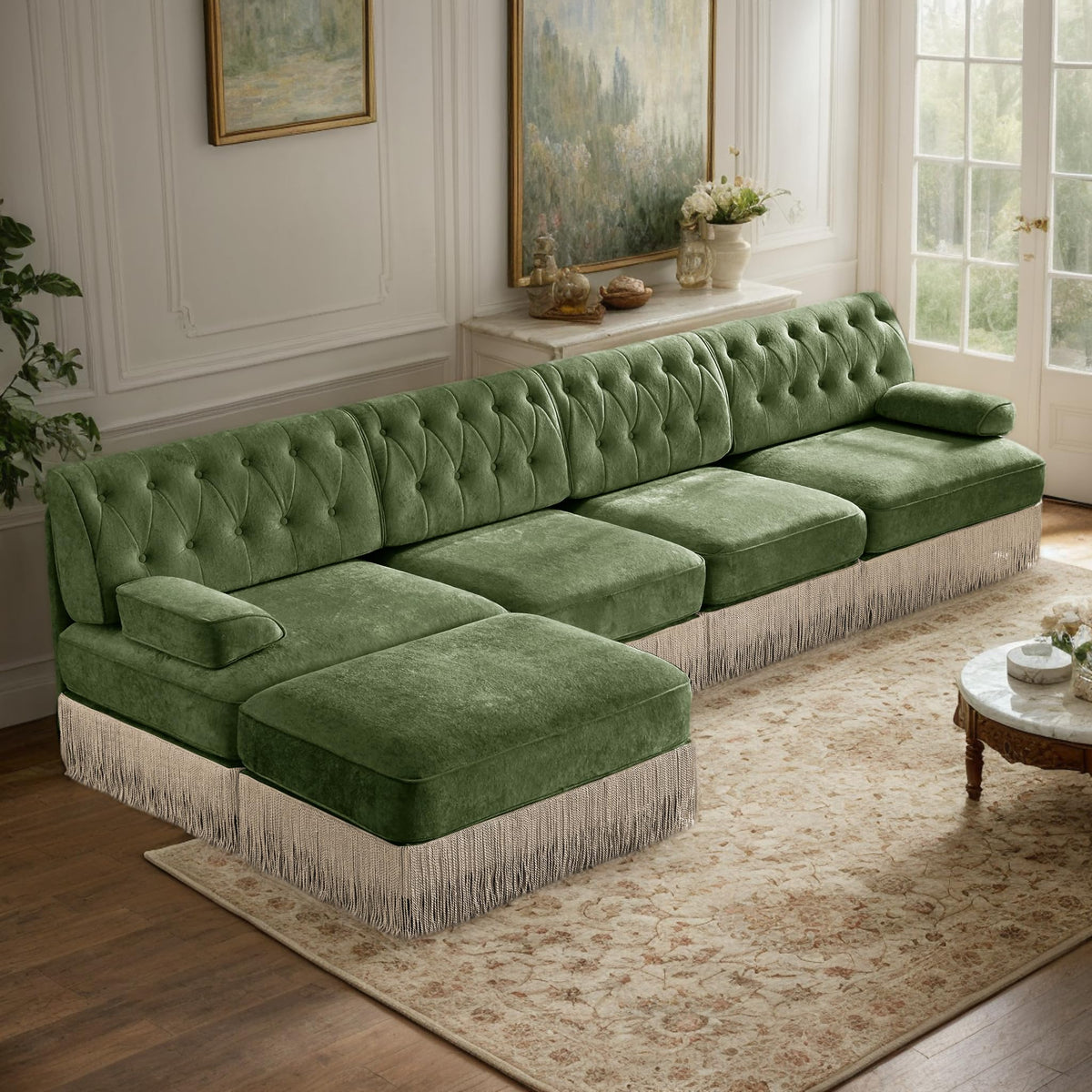 106'' Modern Chesterfield Style 3-Seater Sofa with 2 Ottoman, Upholstered Velvet Modular Sectional Sofa with Button Tufted, U Shape Deep Seat Cloud Sectional Couches for Living Room (Green)