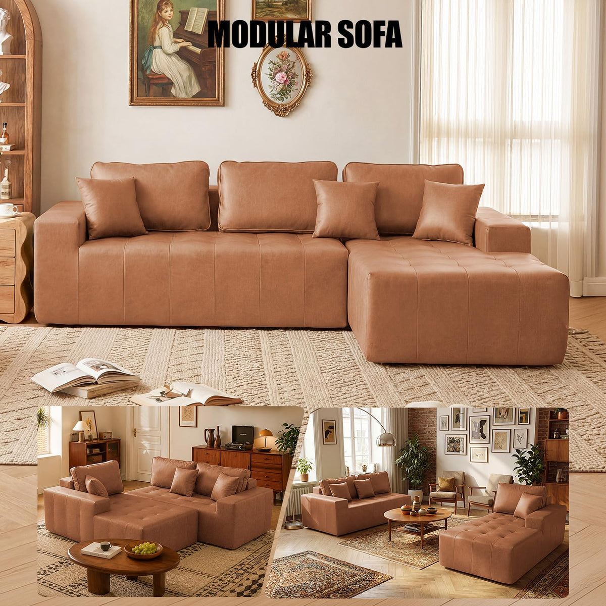 108" L-Shaped Modular Boneless Couch for Living Room,Faux Leather Sofa Bed
