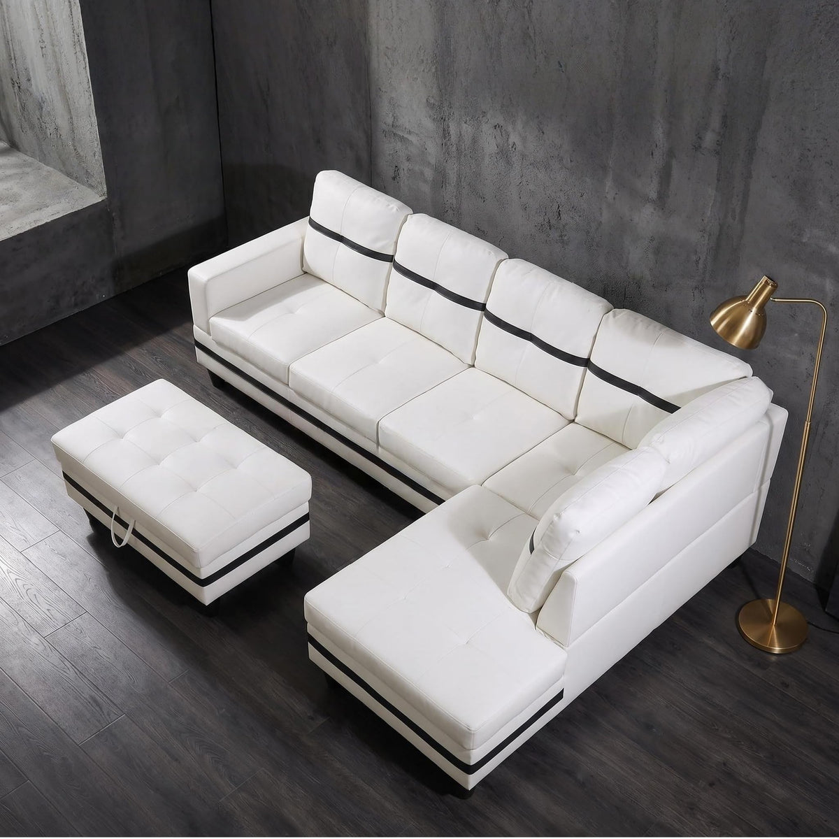 103.5" Sectional Couch with Movable Ottoman, L Shaped 4 Seater PU Faux Leather Sofa w/Chaise Lounge, Comfy Modern Modular Couch for Living Room, Apartment, White Stripes, Right, 3PCS