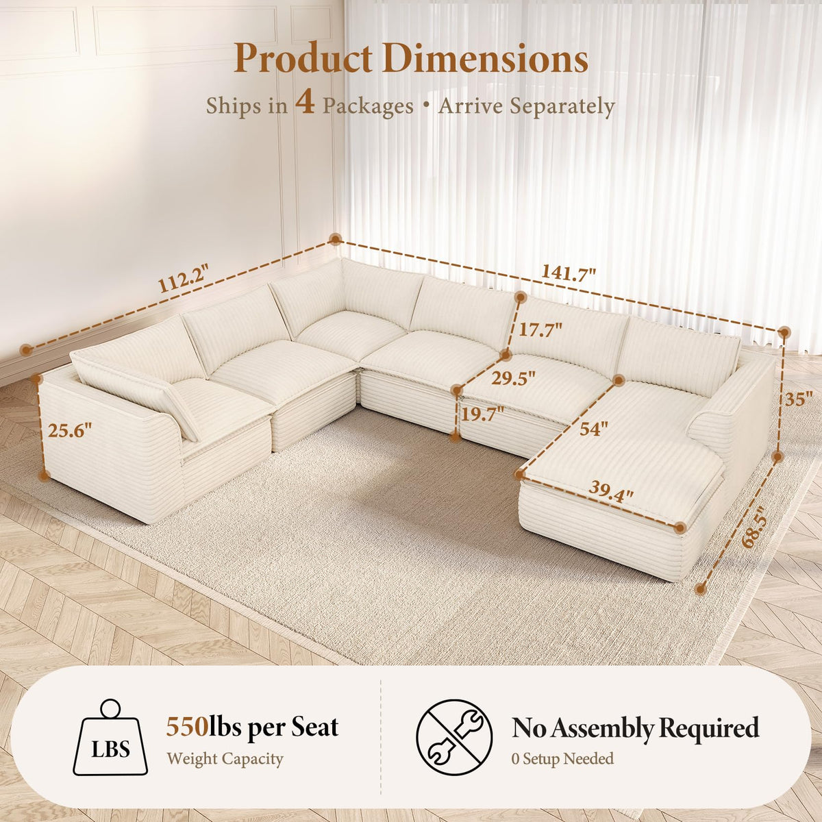 Vesgantti 141.7" Boneless Sectional Sofa with Chaise, 7 Seater Couch, Beige